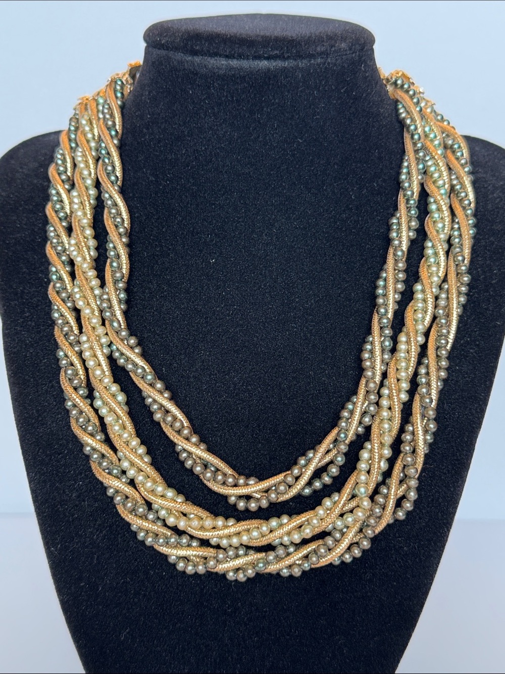 Multi-Strand Gold and Sage Pearl Twist Vintage Necklace made in Japan